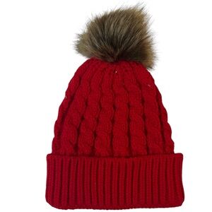 Red Cable Knit Beanie with Faux Fur Pom Soft Winter Hat Warm Chunky Knit Cap